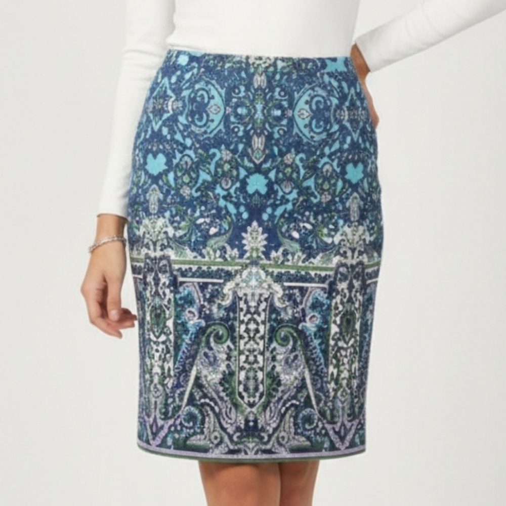 Talbots Blue Pencil Skirt Paisley Retro Boho Festival Art Deco Knee Length 12